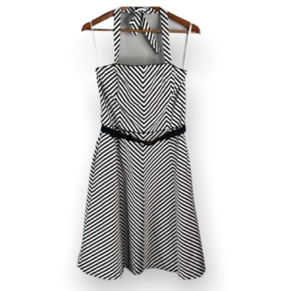White House Black Market Strapless Halter Dress Black White Stripe Midi Size 10 - Picture 1 of 10